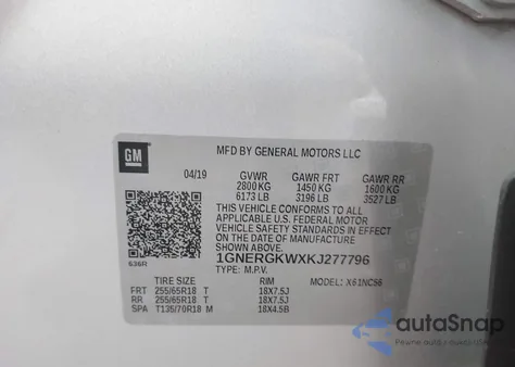 2019 Chevrolet Traverse 1Lt из США, поврежденный, VIN 1GNERGKWXKJ277796